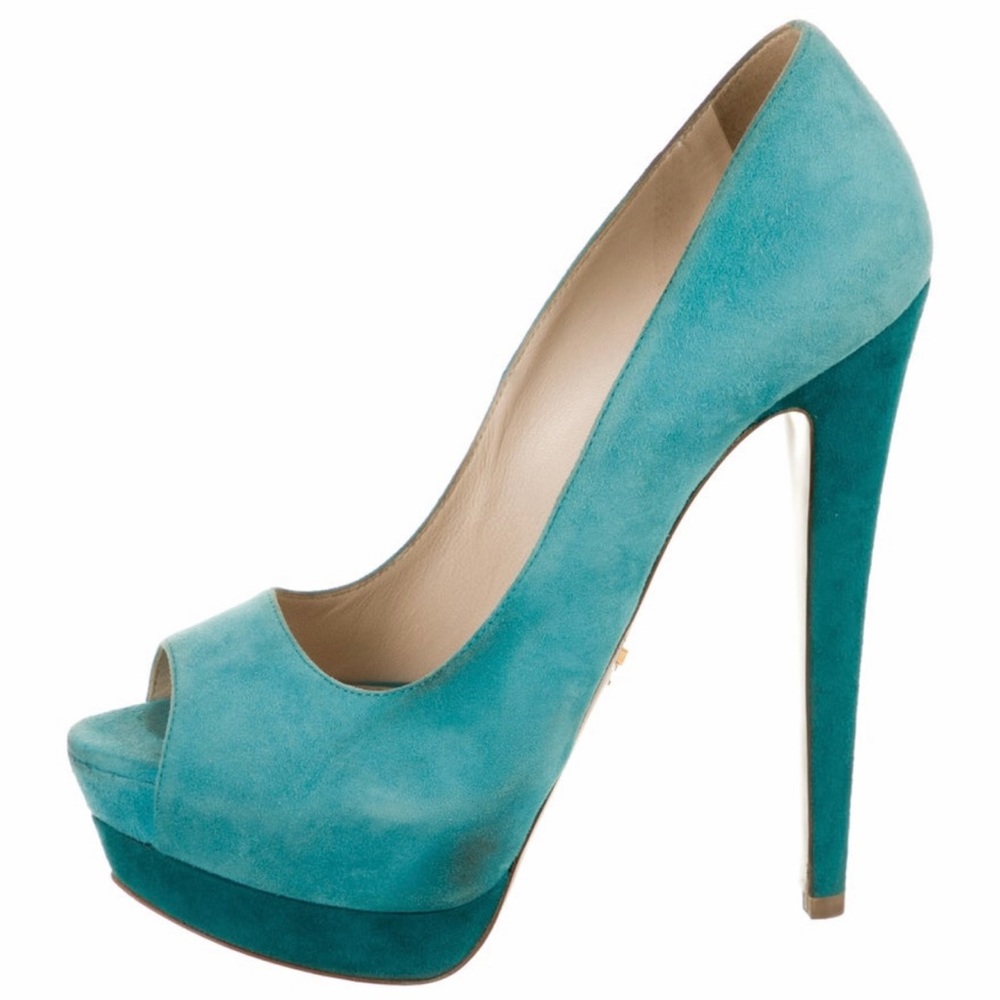 Prada “Kourtney” Blue Suede Pump